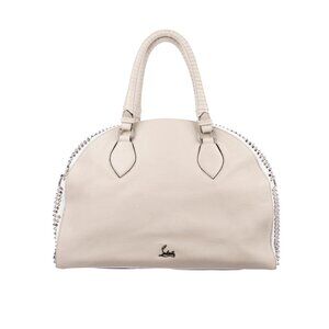 Rare Large Beige Christian Louboutin Bowler Bag with Studs and Red Interior